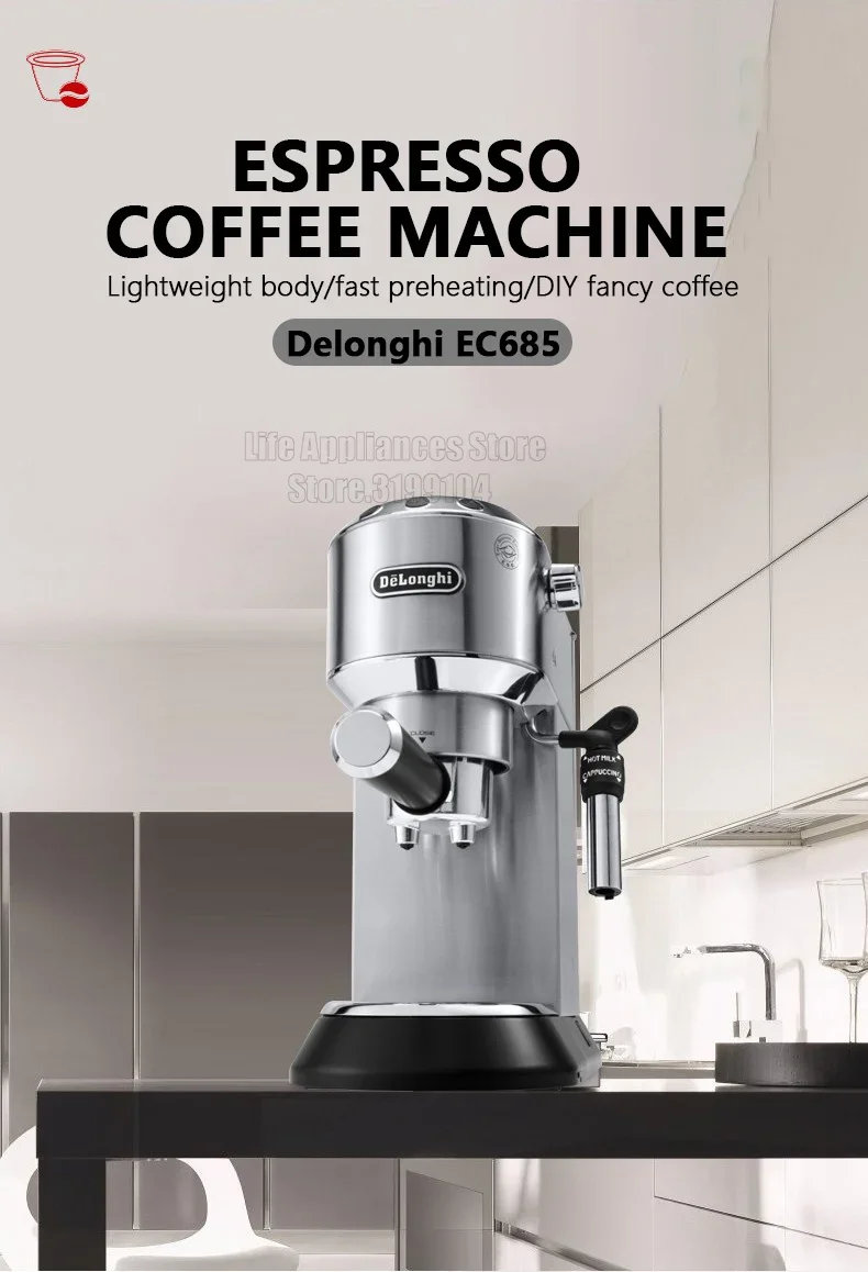 Delonghi Semi-automatic Espresso Machine 15Bar Household Coffee Maker 1-2 Cups Coffee Milk Foam Machine EC685