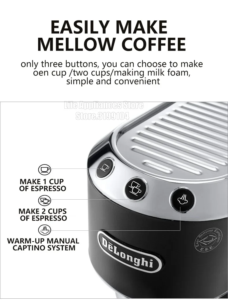 Delonghi Semi-automatic Espresso Machine 15Bar Household Coffee Maker 1-2 Cups Coffee Milk Foam Machine EC685