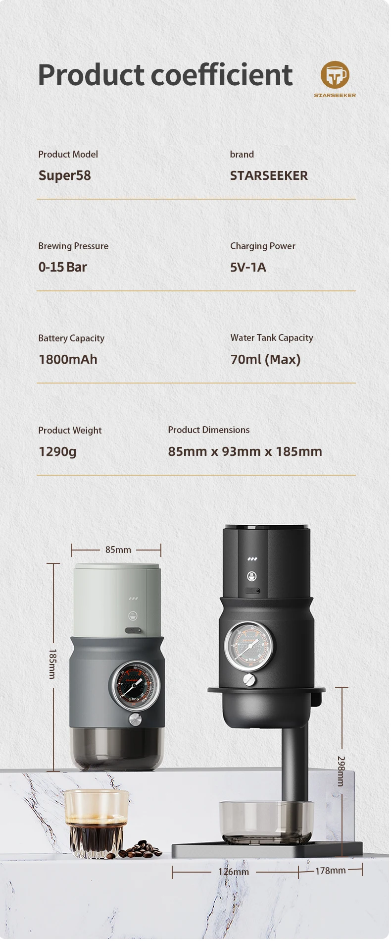 STARSEEKER Super58 Portable Electric Espresso Machine Travel Coffee Maker For Camping Car Coffee Maker With USB-C Bracket Tamper
