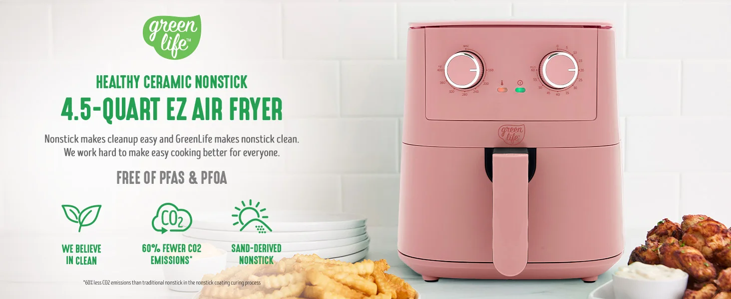 4.5QT Mechanical Air Fryer,PFAS-Free Ceramic Nonstick Adjustable Temperature Timer Dial,LED Indicator,Holiday Gifting,Dusty Pink 4.5QT Mechanical Air Fryer,PFAS-Free Ceramic Nonstick Adjustable Temperature Timer Dial,LED Indicator,Holiday Gifting,Dusty Pink
