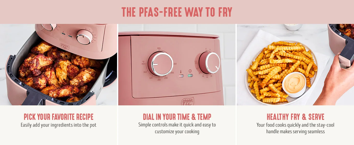 4.5QT Mechanical Air Fryer,PFAS-Free Ceramic Nonstick Adjustable Temperature Timer Dial,LED Indicator,Holiday Gifting,Dusty Pink 4.5QT Mechanical Air Fryer,PFAS-Free Ceramic Nonstick Adjustable Temperature Timer Dial,LED Indicator,Holiday Gifting,Dusty Pink