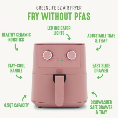 4.5QT Mechanical Air Fryer,PFAS-Free Ceramic Nonstick Adjustable Temperature Timer Dial,LED Indicator,Holiday Gifting,Dusty Pink - Image 2