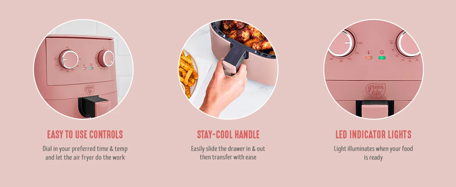 4.5QT Mechanical Air Fryer,PFAS-Free Ceramic Nonstick Adjustable Temperature Timer Dial,LED Indicator,Holiday Gifting,Dusty Pink
