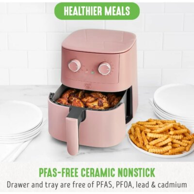 4.5QT Mechanical Air Fryer,PFAS-Free Ceramic Nonstick Adjustable Temperature Timer Dial,LED Indicator,Holiday Gifting,Dusty Pink - Image 6