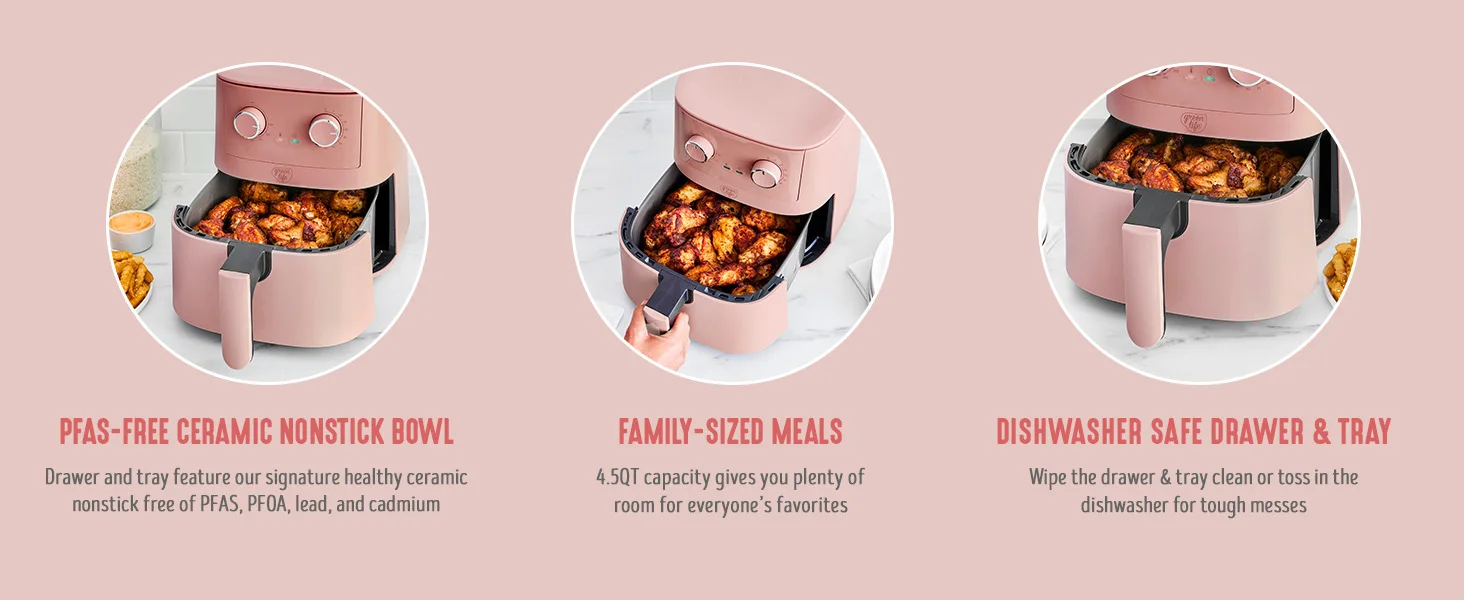 4.5QT Mechanical Air Fryer,PFAS-Free Ceramic Nonstick Adjustable Temperature Timer Dial,LED Indicator,Holiday Gifting,Dusty Pink