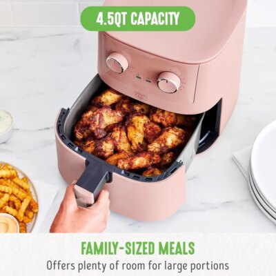 4.5QT Mechanical Air Fryer,PFAS-Free Ceramic Nonstick Adjustable Temperature Timer Dial,LED Indicator,Holiday Gifting,Dusty Pink - Image 3