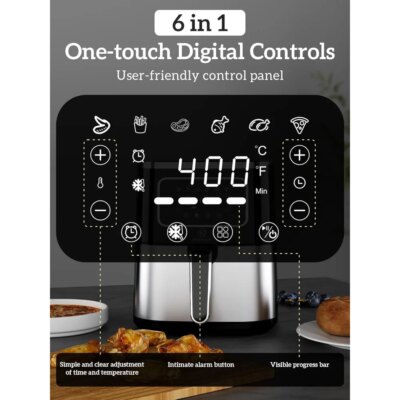 Air Fryer Oven 5.5Qt, 6 Presets Digital Display Compact Cooker,Space-saving, Nonstick & Dishwasher Safe Basket, Stainless Steel - Image 2