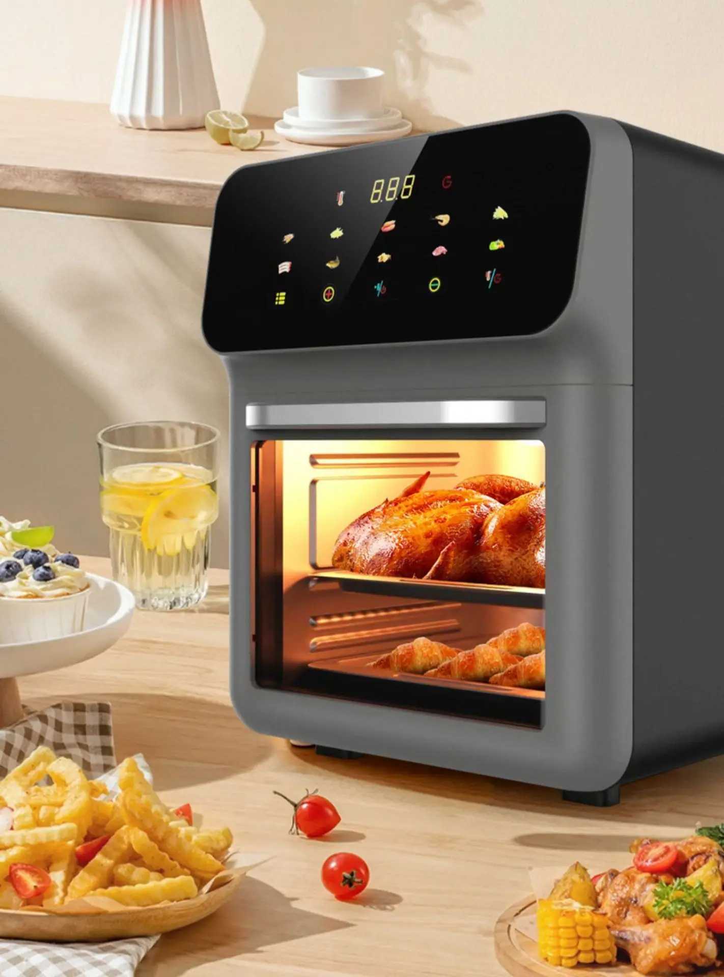 Household large capacity visual air fryer multifunctional healthy touch screen electric oven non-stick pan baking utensils