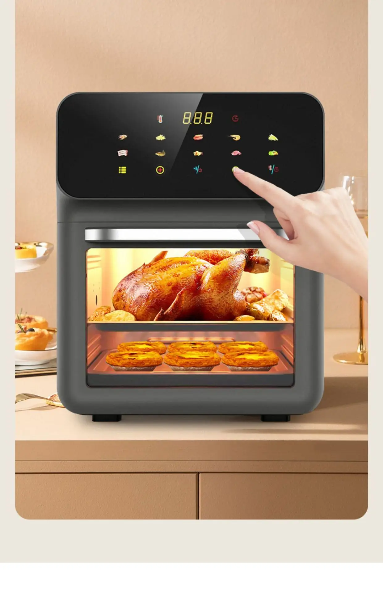 Household large capacity visual air fryer multifunctional healthy touch screen electric oven non-stick pan baking utensils