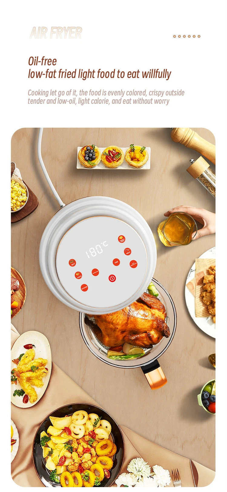 Smart Visual Air Fryer 3L Multi-functional Oil-free Fryer Automatic Household 360°Baking LED Touchscreen Deep Fryer without Oil