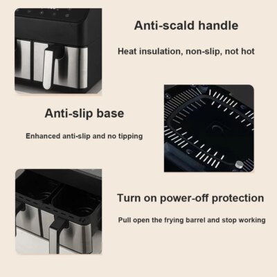8L 2000W Stainless Steel Air Fryer Double Basket Digital Display with 8 Cooking Presets Oilless Cooker Dishwasher Safe Basket - Image 3