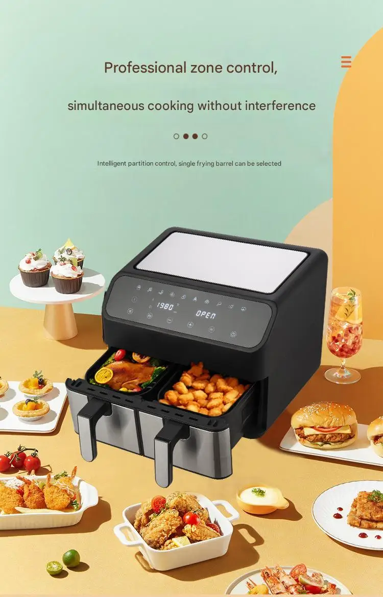 8L 2000W Stainless Steel Air Fryer Double Basket Digital Display with 8 Cooking Presets Oilless Cooker Dishwasher Safe Basket