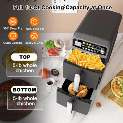 10-QT Dual Large Air Fryer, XL 2-Basket Air Fryer, 10-in-1 Technology Double Cooks 4 Foods at Once, Smart Finish & Match Cook, A - Image 2