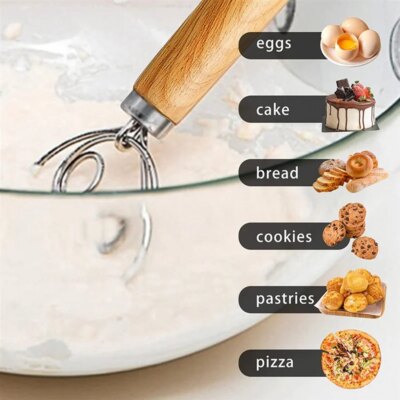 A85Z-Dough Whisk Stainless Steel Dough Whisk Danish Dough Whisk Dutch Style Bread Dough Hand Mixer Wooden Handle Kitchen Baking - Image 4