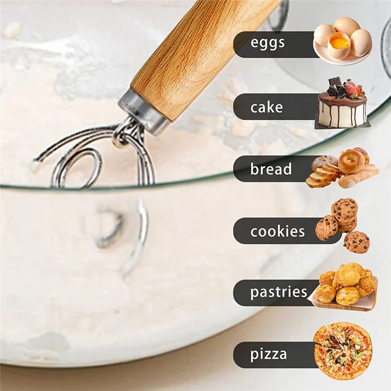 A85Z-Dough Whisk Stainless Steel Dough Whisk Danish Dough Whisk Dutch Style Bread Dough Hand Mixer Wooden Handle Kitchen Baking