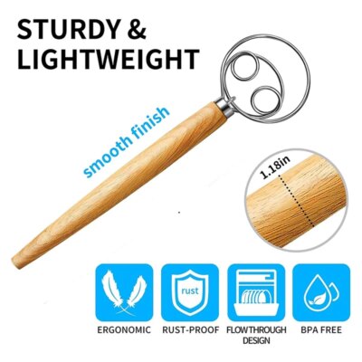 A85Z-Dough Whisk Stainless Steel Dough Whisk Danish Dough Whisk Dutch Style Bread Dough Hand Mixer Wooden Handle Kitchen Baking - Image 6