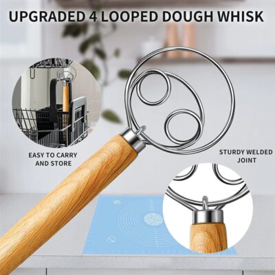A85Z-Dough Whisk Stainless Steel Dough Whisk Danish Dough Whisk Dutch Style Bread Dough Hand Mixer Wooden Handle Kitchen Baking - Image 3
