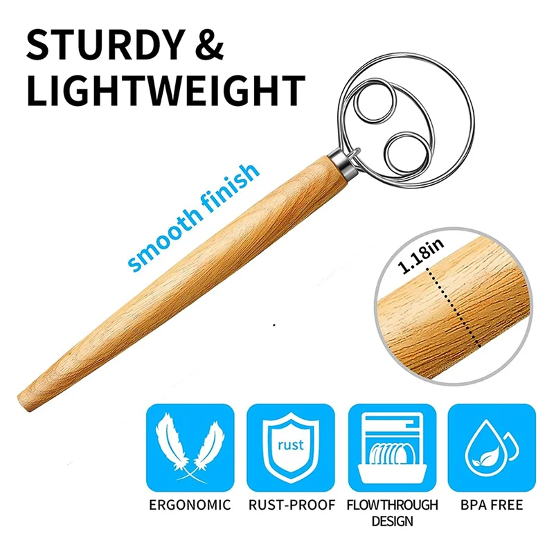 A85Z-Dough Whisk Stainless Steel Dough Whisk Danish Dough Whisk Dutch Style Bread Dough Hand Mixer Wooden Handle Kitchen Baking