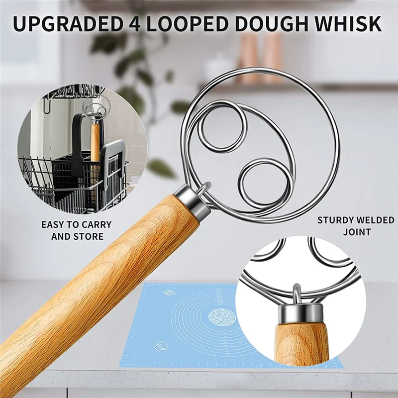 A85Z-Dough Whisk Stainless Steel Dough Whisk Danish Dough Whisk Dutch Style Bread Dough Hand Mixer Wooden Handle Kitchen Baking