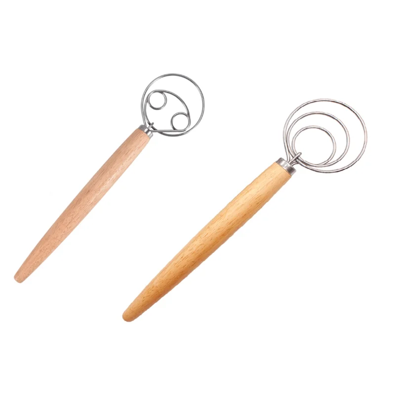 A85Z-Dough Whisk Stainless Steel Dough Whisk Danish Dough Whisk Dutch Style Bread Dough Hand Mixer Wooden Handle Kitchen Baking