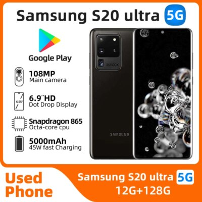 Samsung Galaxy S20 Ultra 5G Android 6.9inch CPU Snapdragon 865 Octa Core 108MP&48MP Camera Good Condition Used Phone