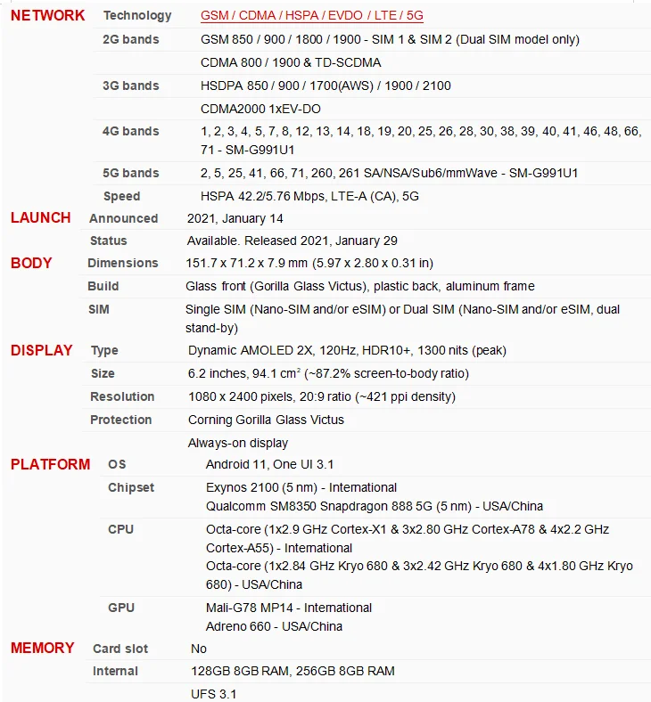 Samsung Galaxy S21 5G Dual Sim G9910 Original 6.2