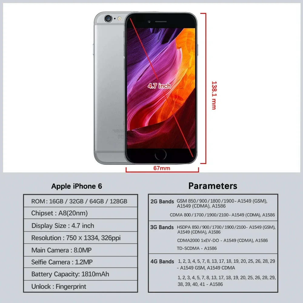 Apple iPhone 6 Unlocked Dual Core 1.4GHz 8MP 3G 4G LTE 4.7 inch IOS 16/64/128GB ROM Used Fingerprint Mobile Cell Phone Apple iPhone 6 Unlocked Dual Core 1.4GHz 8MP 3G 4G LTE 4.7 inch IOS 16/64/128GB ROM Used Fingerprint Mobile Cell Phone