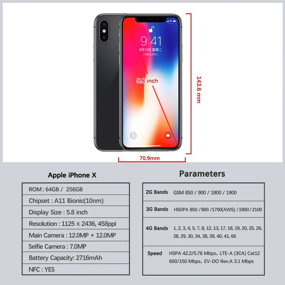 Original iPhone X 4G LTE CellPhone Unlocked 64GB/256GB ROM 5.8" A11 Bionic Chip Hexa Core FACE ID Apple IOS Mobile Phone - Image 2