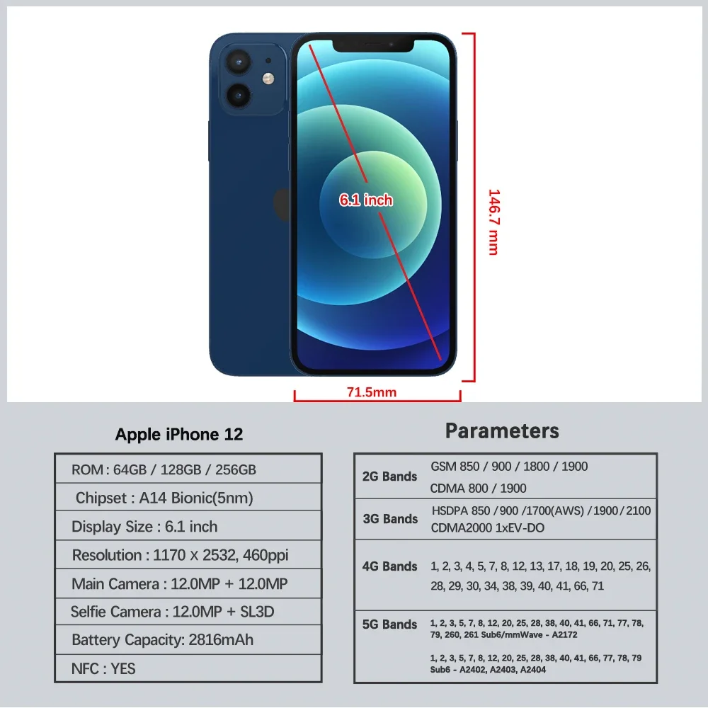 Original iPhone 12 5G Mobile Phone 64/128GB IOS A14 Bionic Hexacore 6.1'' Dual 12MP Super Retina XDR OLED IOS Cellphone Original iPhone 12 5G Mobile Phone 64/128GB IOS A14 Bionic Hexacore 6.1'' Dual 12MP Super Retina XDR OLED IOS Cellphone
