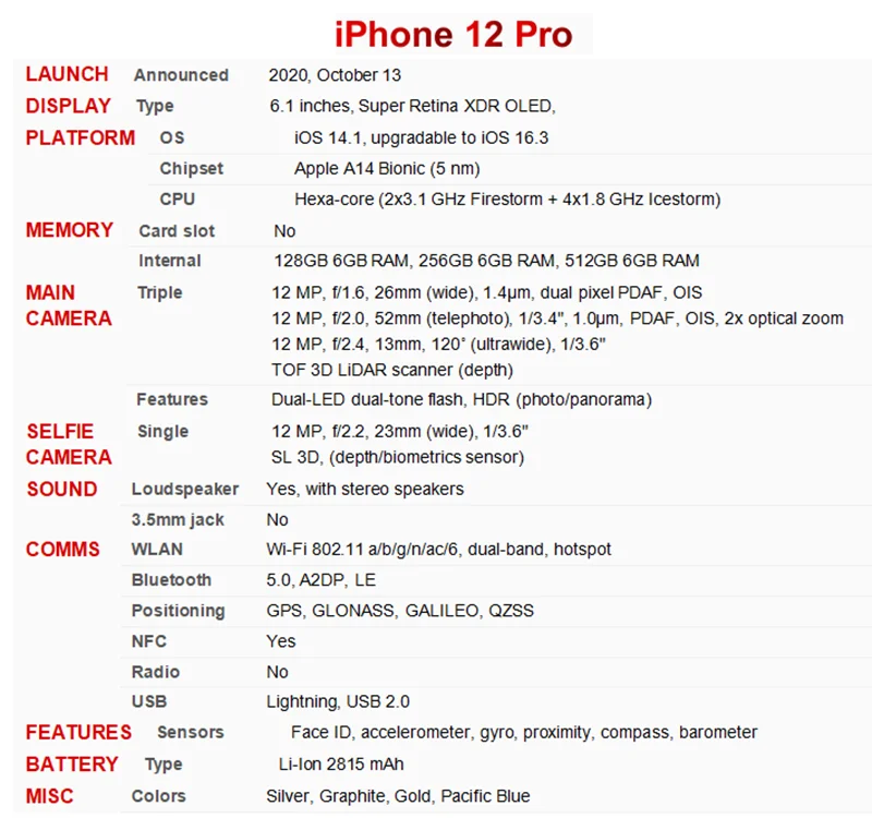iPhone 12 Pro 12Pro 6GB RAM 128/256/512GB ROM 6.1