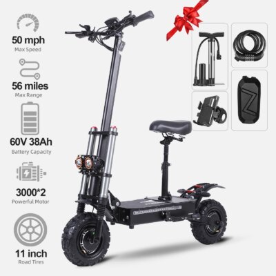 50Mph Fast Electric Scooter with Seat for Adults Load 440lbs 6000W Powerful Dual Motor Dual Suspension Off-road Electric Scooter