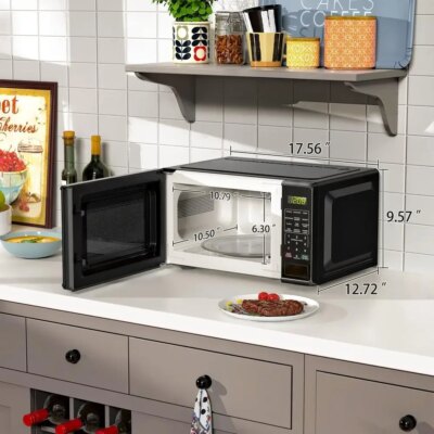 Compact 0.7 Cu ft 700W Black Countertop Microwave Oven LED Display Timer Clock Defrost Child-Safe Lockout Push-Button Door 10 - Image 6