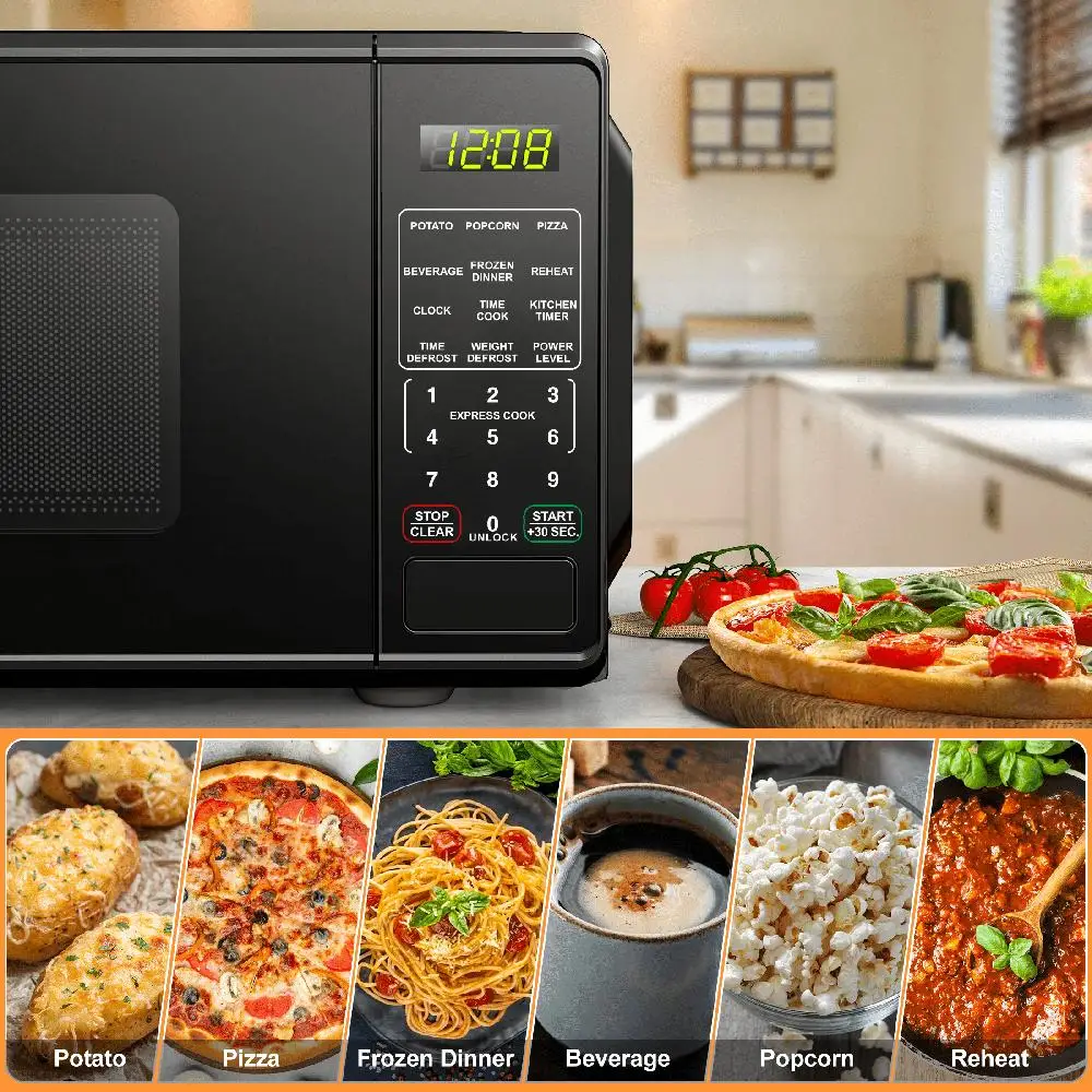Compact 0.7 Cu ft 700W Black Countertop Microwave Oven LED Display Timer Clock Defrost Child-Safe Lockout Push-Button Door 10 Compact 0.7 Cu ft 700W Black Countertop Microwave Oven LED Display Timer Clock Defrost Child-Safe Lockout Push-Button Door 10