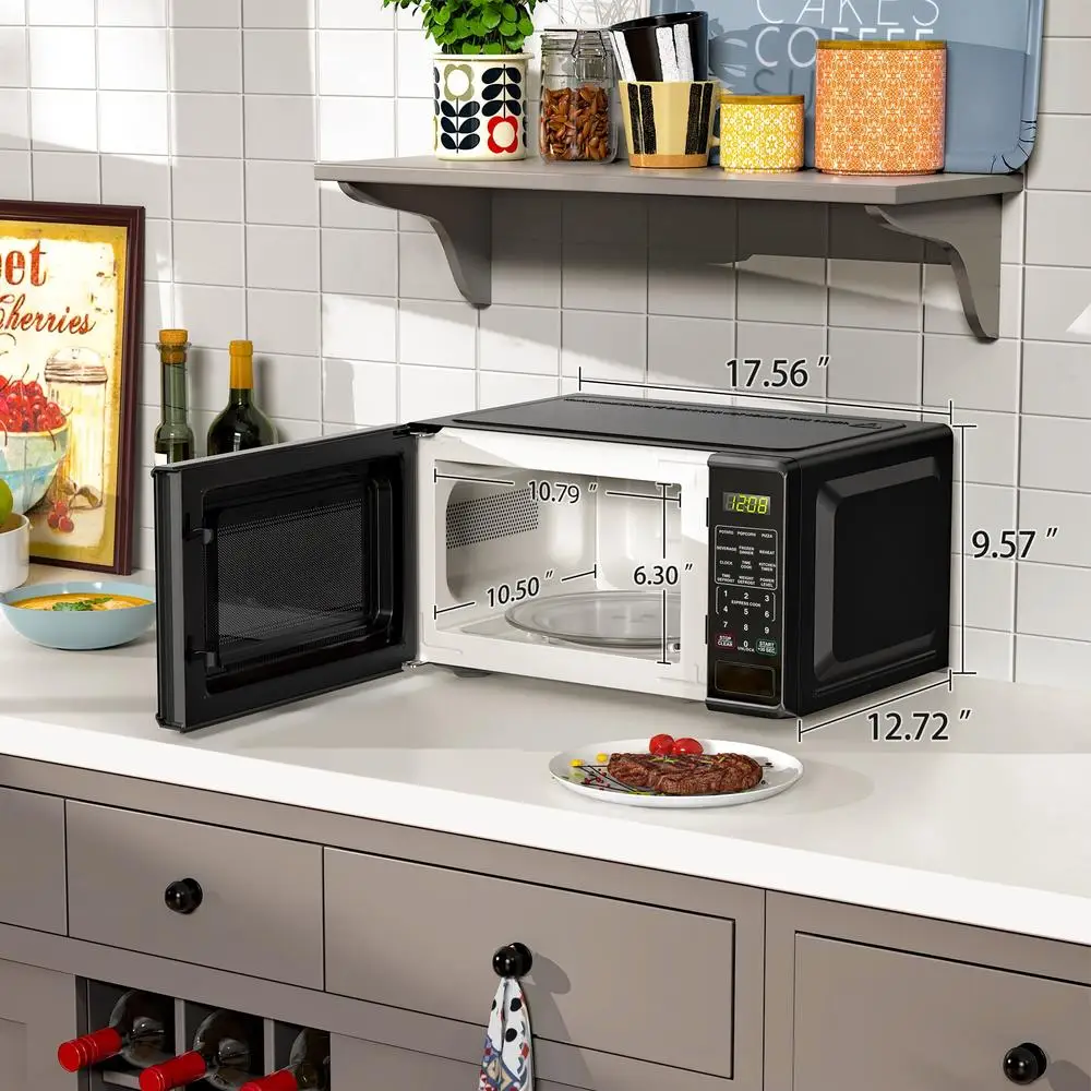 Compact 0.7 Cu ft 700W Black Countertop Microwave Oven LED Display Timer Clock Defrost Child-Safe Lockout Push-Button Door 10 Compact 0.7 Cu ft 700W Black Countertop Microwave Oven LED Display Timer Clock Defrost Child-Safe Lockout Push-Button Door 10