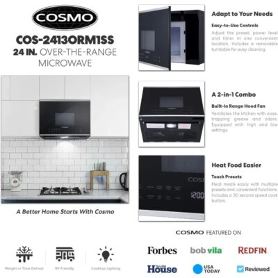 COSMO COS-2413ORM1SS Over the Range Microwave Oven with Vent Fan, 1.34 cu. ft. Capacity, 1000W, 24 inch, Black / Stainless Steel - Image 3