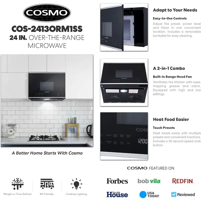 COSMO COS-2413ORM1SS Over the Range Microwave Oven with Vent Fan, 1.34 cu. ft. Capacity, 1000W, 24 inch, Black / Stainless Steel