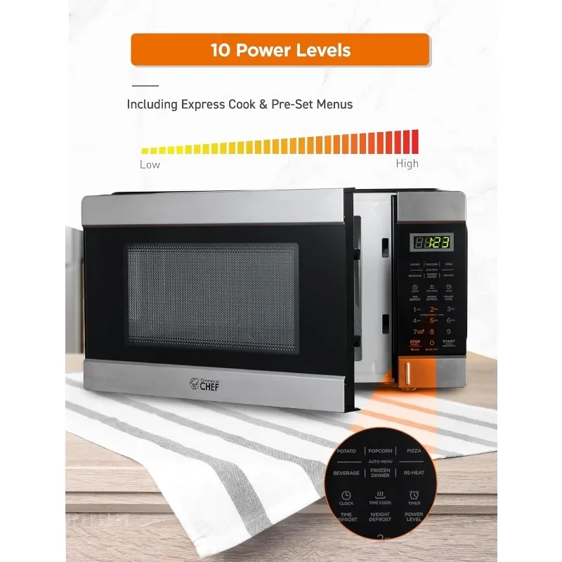 COMMERCIAL CHEF 1.1 Cu Ft Microwave with 10 Power Levels, Small Microwave with Push Button, 1000W Countertop Microwave