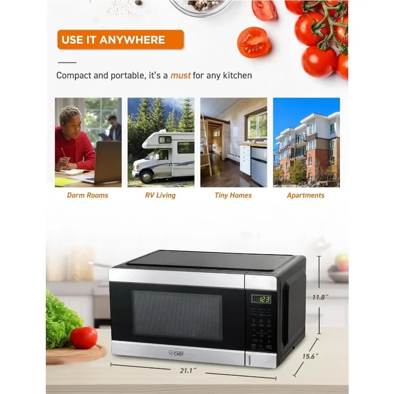 COMMERCIAL CHEF 1.1 Cu Ft Microwave with 10 Power Levels, Small Microwave with Push Button, 1000W Countertop Microwave