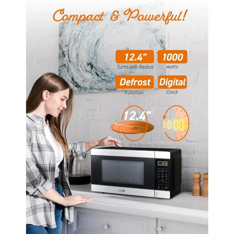 COMMERCIAL CHEF 1.1 Cu Ft Microwave with 10 Power Levels, Small Microwave with Push Button, 1000W Countertop Microwave