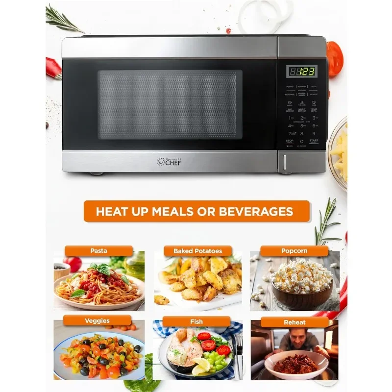 COMMERCIAL CHEF 1.1 Cu Ft Microwave with 10 Power Levels, Small Microwave with Push Button, 1000W Countertop Microwave