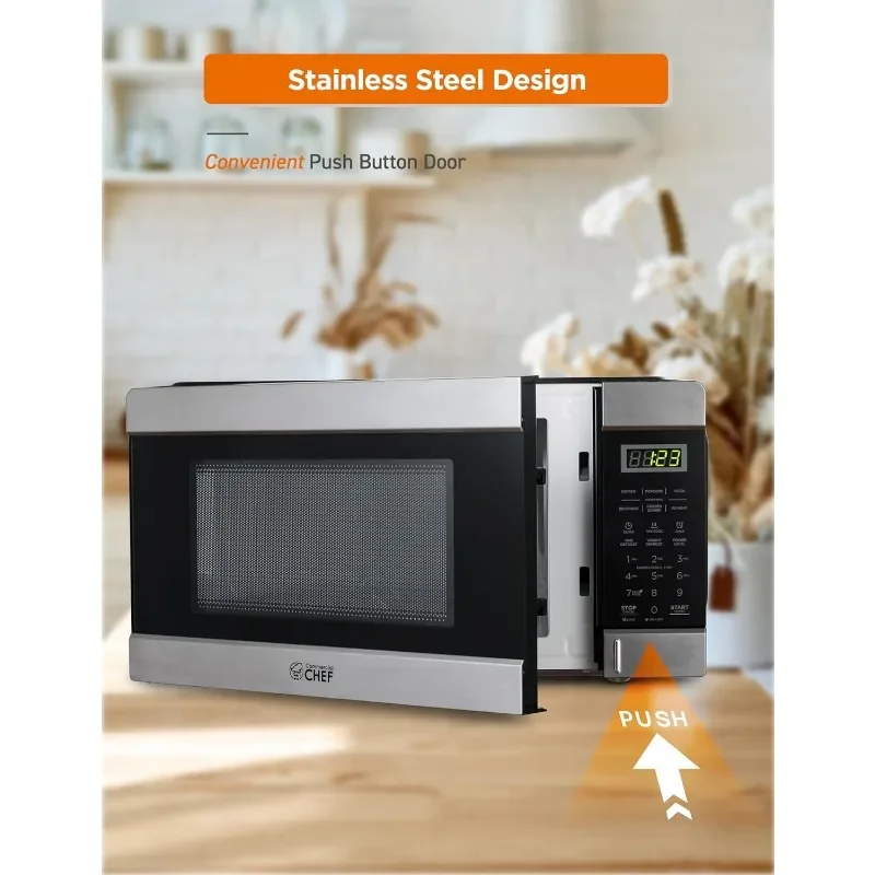 COMMERCIAL CHEF 1.1 Cu Ft Microwave with 10 Power Levels, Small Microwave with Push Button, 1000W Countertop Microwave
