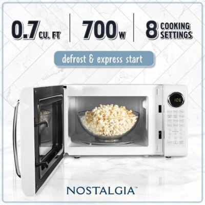 Retro Microwave Oven 700W Countertop 0.7Cu Ft Rotating Glass Turntable Child Safety Lock 8 Auto Cook Programs Digital Clock - Image 3