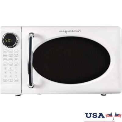 Retro Microwave Oven 700W Countertop 0.7Cu Ft Rotating Glass Turntable Child Safety Lock 8 Auto Cook Programs Digital Clock