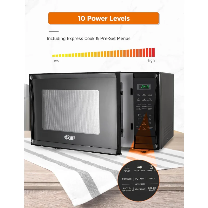 1.1 Cu Ft Microwave with 10 Power Levels, Microwave 1000W with Push Button Door Lock, Countertop Microwave