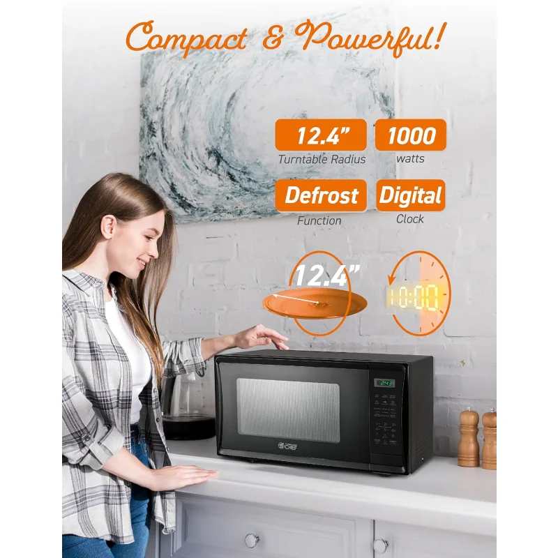 1.1 Cu Ft Microwave with 10 Power Levels, Microwave 1000W with Push Button Door Lock, Countertop Microwave