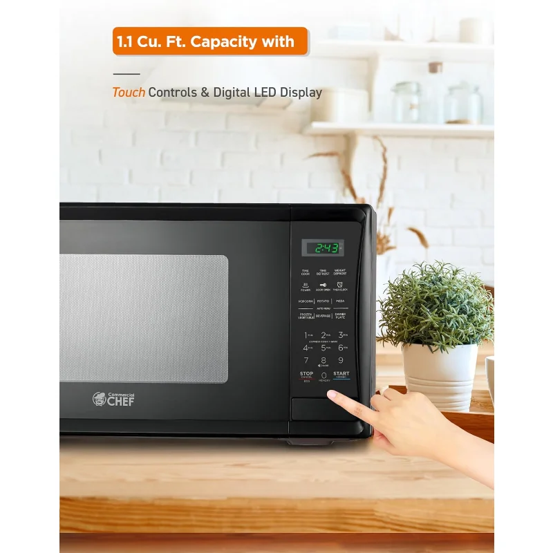 1.1 Cu Ft Microwave with 10 Power Levels, Microwave 1000W with Push Button Door Lock, Countertop Microwave