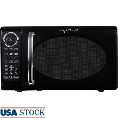 Compact Retro Microwave Oven 700 Watt Countertop Kitchen Appliance with Auto Cook Programs Digital Clock Child Safety Lock Glass