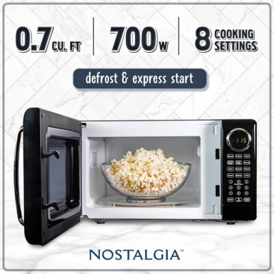 Compact Retro Microwave Oven 700 Watt Countertop Kitchen Appliance with Auto Cook Programs Digital Clock Child Safety Lock Glass - Image 3