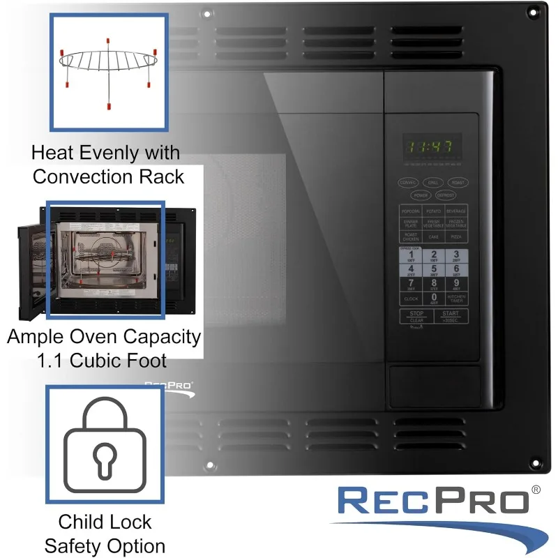 RecPro RV Convection Microwave Black 1.1 Cu. ft  120V Microwave  Appliances Direct Replacement  High Pointe and Greystone