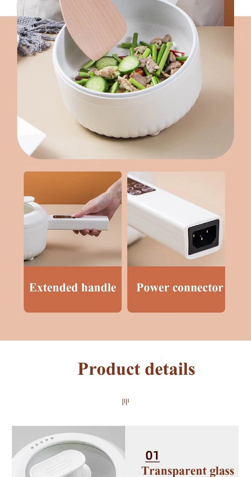 600W Household Electric Cooker Dormitory Low Power Breakfast Machine Multi-function Pot Non-stick Frying Pan Warming Pan 1.6L